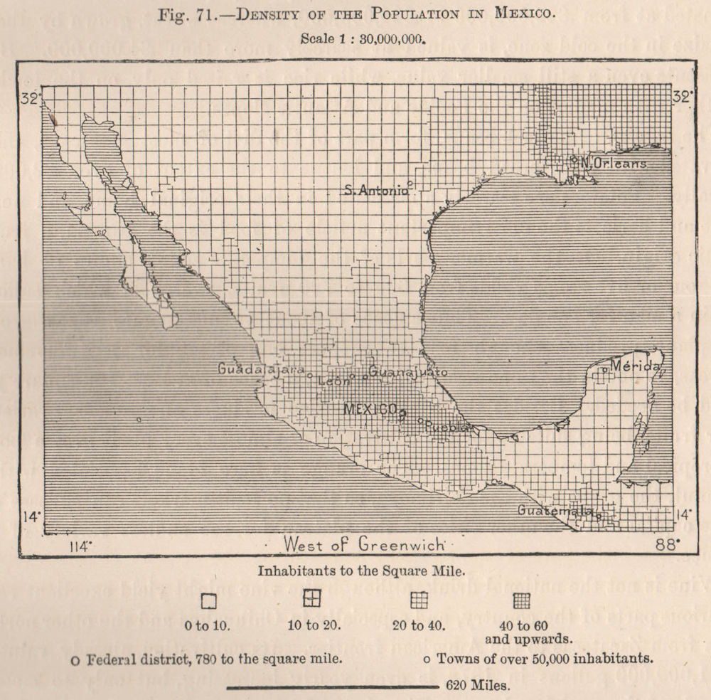 Density of the population in Mexico 1885 old antique vintage map plan chart